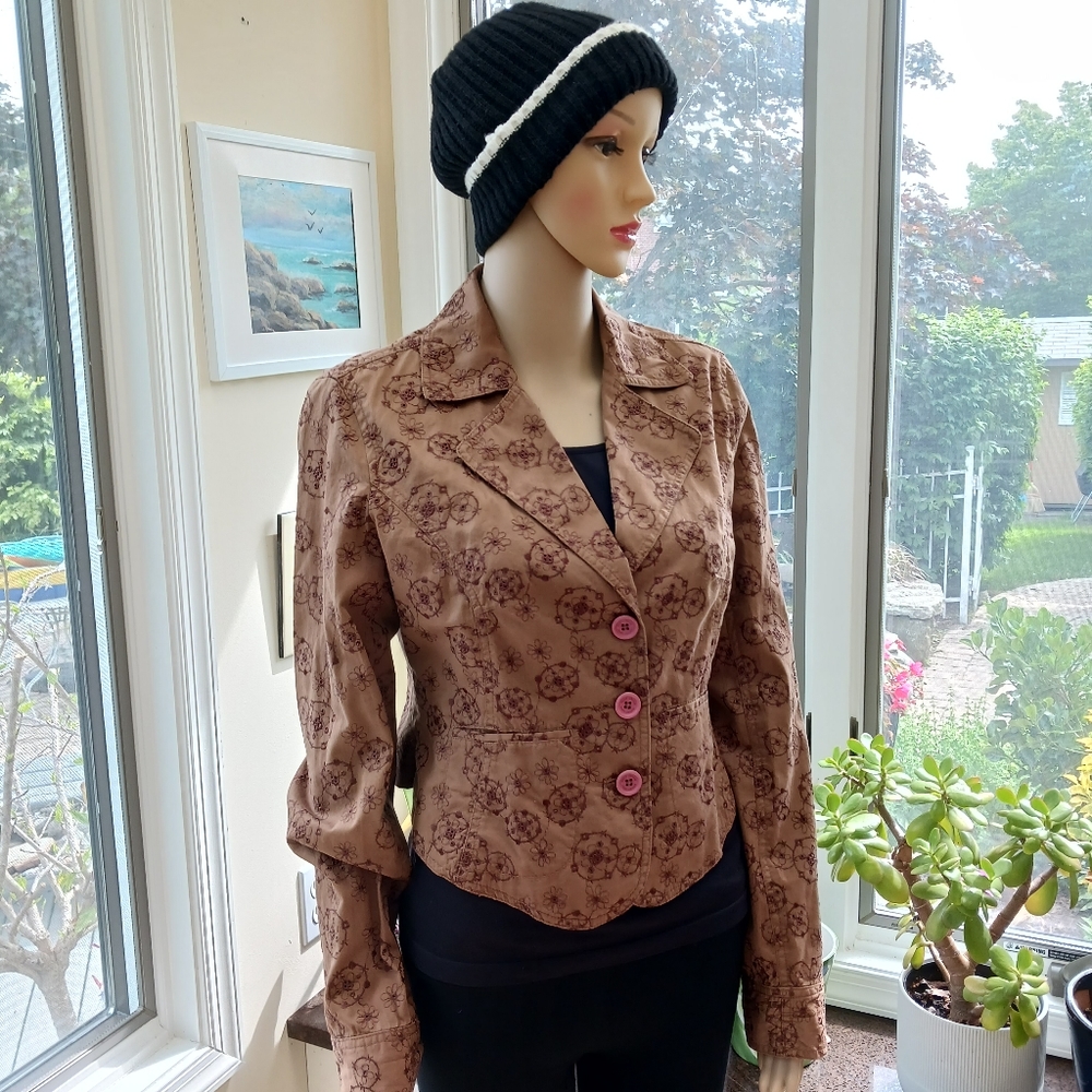 DKNY JEANS Light Brown Cotton Eyelet Notched Lapel Cropped Jacket Like N… - Picture 7 of 15